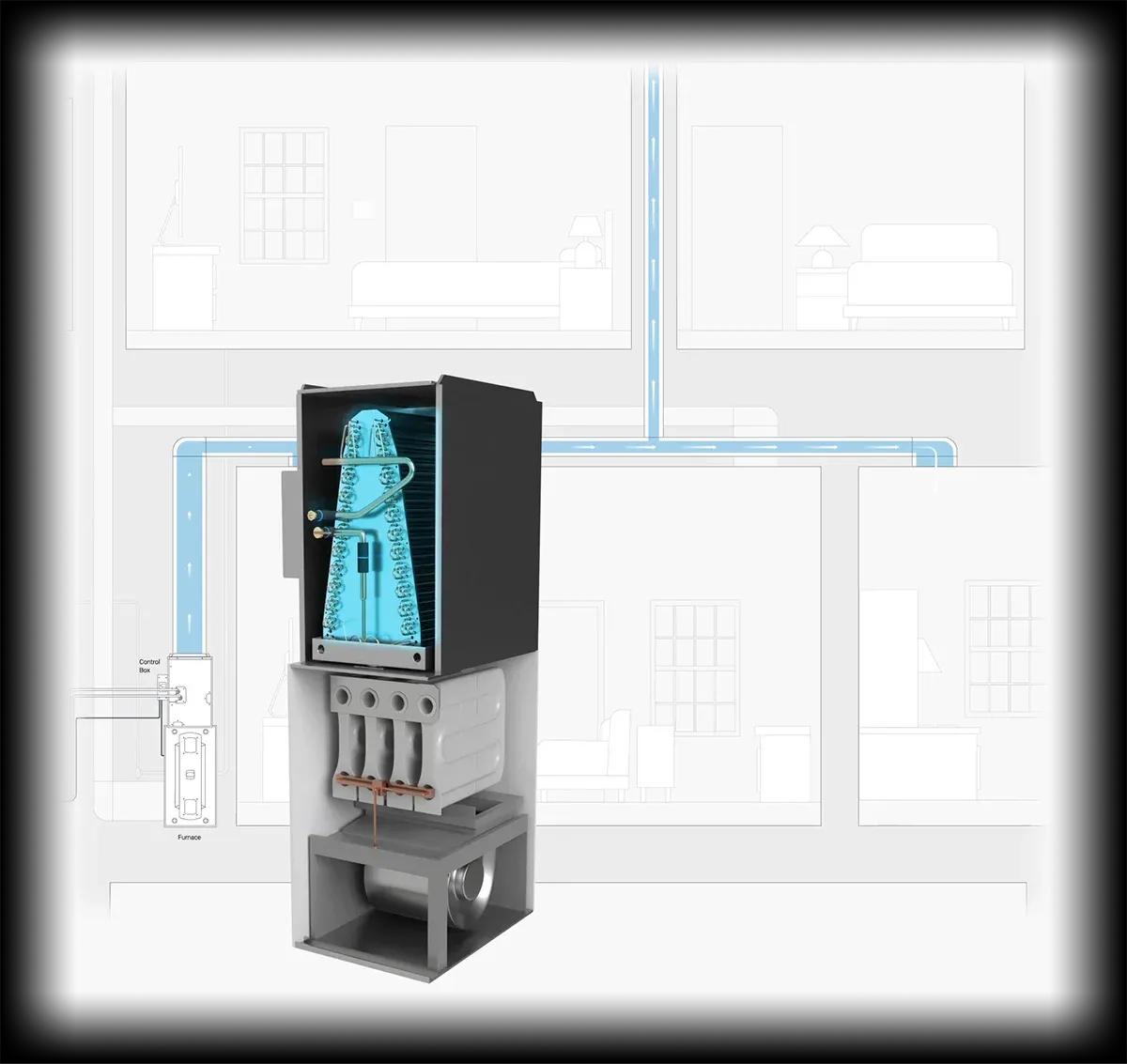 internal view of the intelli-heat on top of an illustrated background showing the airflow from the unit